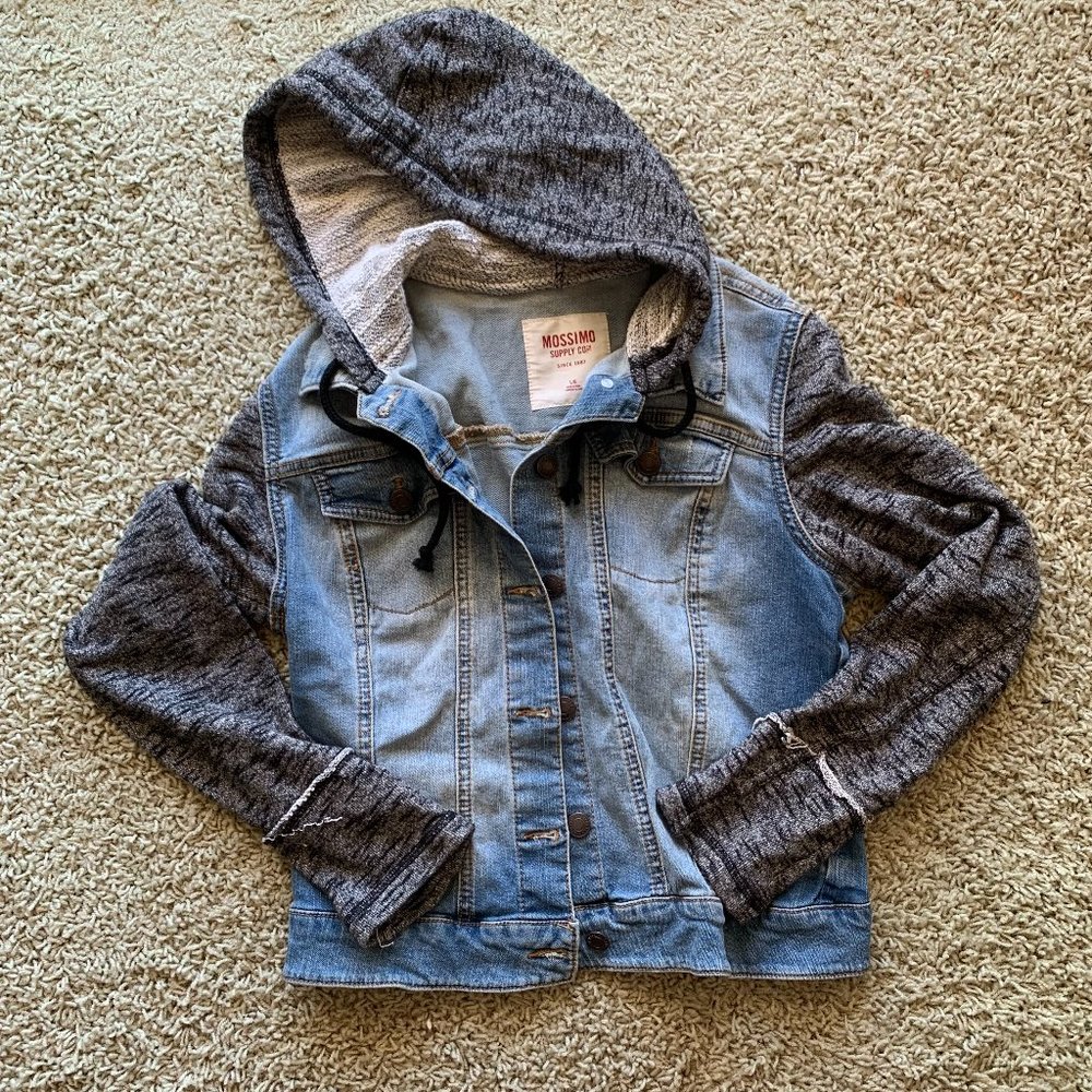 Mossimo Supply Co. Denim Knit Jacket with Grey Hood & Sleeves  - Size Medium